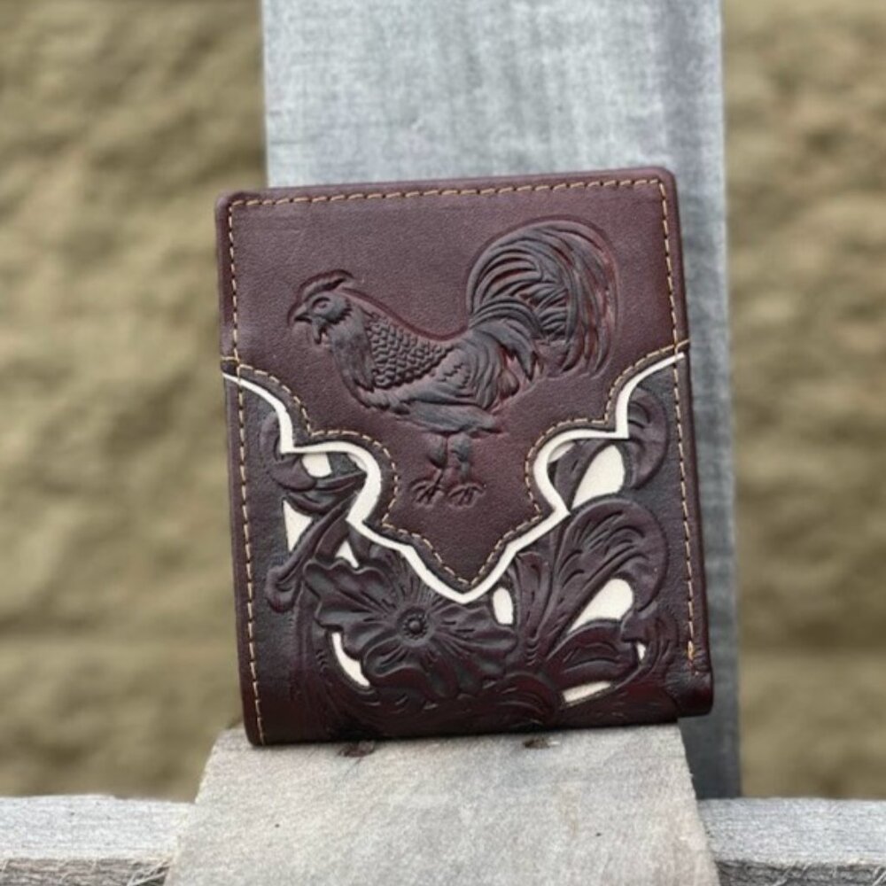 Embossed Rooster Design in Coffee Brown Leather with Beige Inlay Bifold Wallet